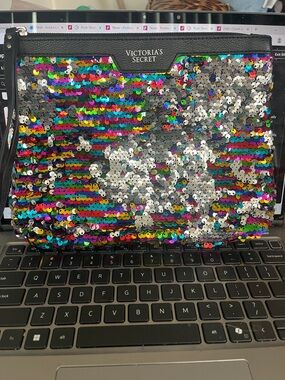 Victoria's Secret Black Wristlet with Silver & Rainbow Sequins